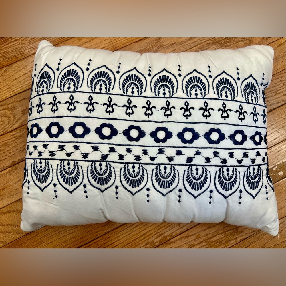 Embroidered Navy on White Decorative Throw Pillow 16”x12” accent pillow